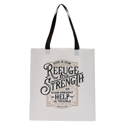 Refuge and Strength Black and White Shopping Tote Bag - Psalm 46:1 - The Christian Gift Company