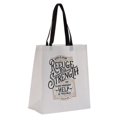 Refuge and Strength Black and White Shopping Tote Bag - Psalm 46:1 - The Christian Gift Company