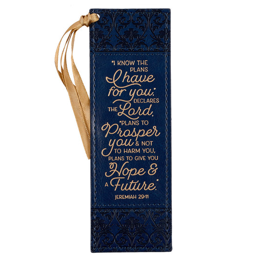 I Know The Plans Floral Trellis Blue Faux Leather Bookmark - Jeremiah 29:11 - The Christian Gift Company