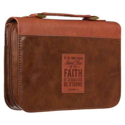 Stand Firm Two-tone Brown Faux Leather Classic Bible Cover - 1 Corinthians 16:13 - The Christian Gift Company