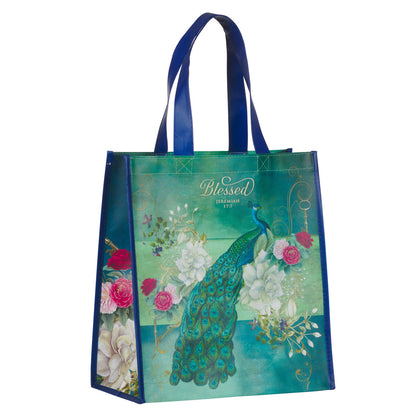 Blessed Blue Peacock Non-Woven Coated Tote Bag - Jeremiah 17:7 - The Christian Gift Company