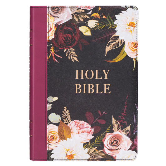 Black and Burgundy Floral Faux Leather Large Print Thinline King James Version Bible with Thumb Index