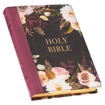 Black and Burgundy Floral Faux Leather Large Print Thinline King James Version Bible with Thumb Index