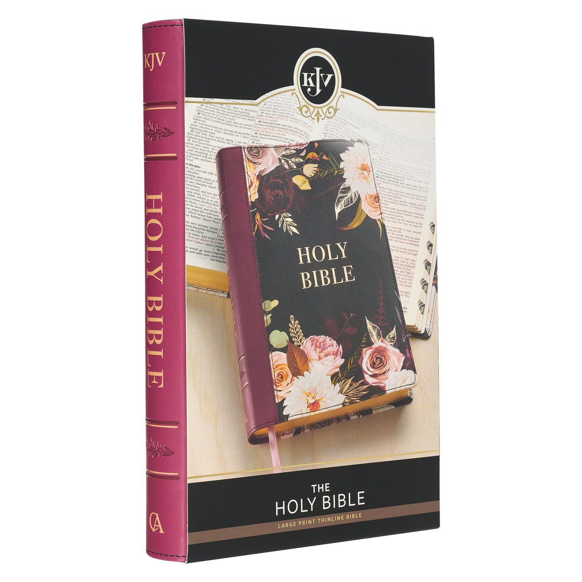 Black and Burgundy Floral Faux Leather Large Print Thinline King James Version Bible with Thumb Index