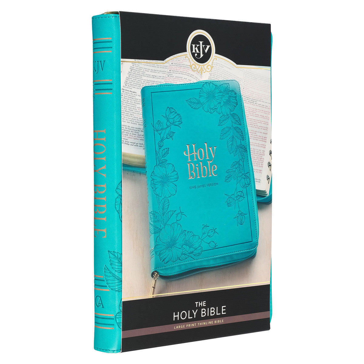 Vibrant Teal Faux Leather Large Print Thinline King James Version Bible with Zippered Closure and Thumb Index