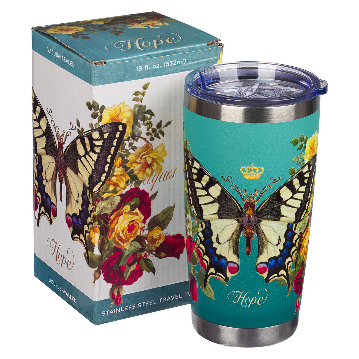 Teal Hope Butterfly Stainless Steel Travel Tumbler - Isaiah 40:31