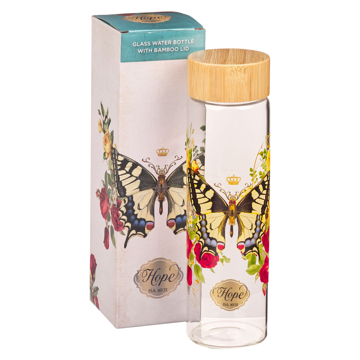 Hope Yellow Butterfly Glass Water Bottle - Isaiah 40:31