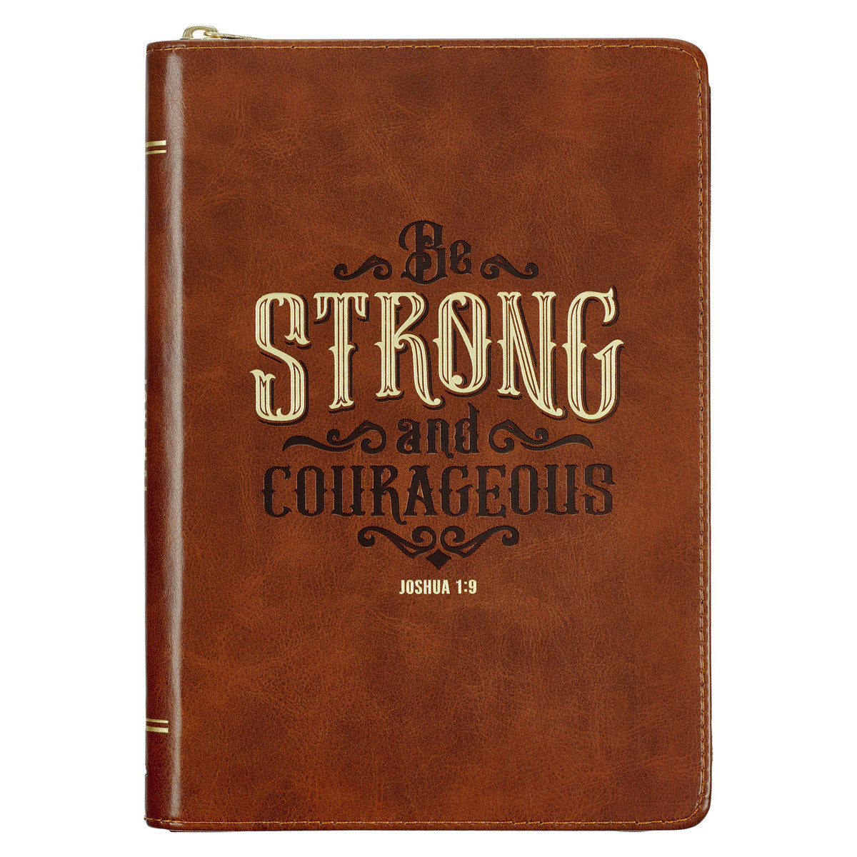 Strong and Courageous Honey-brown Faux Leather Journal with Zipper Closure - Joshua 1:9