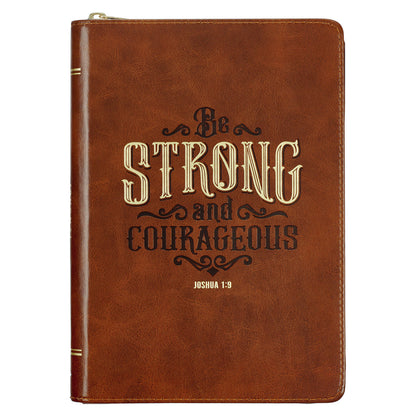 Strong and Courageous Honey-brown Faux Leather Journal with Zipper Closure - Joshua 1:9