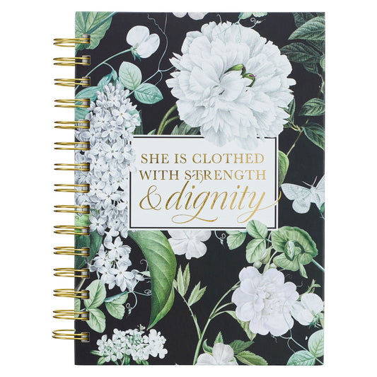 Clothed with Strength & Dignity White Floral Large Wirebound Journal - Proverbs 31:25