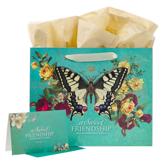 Sweet Friendship Butterfly Green Large Landscape Gift Bag with Card Set - Proverbs 27:9