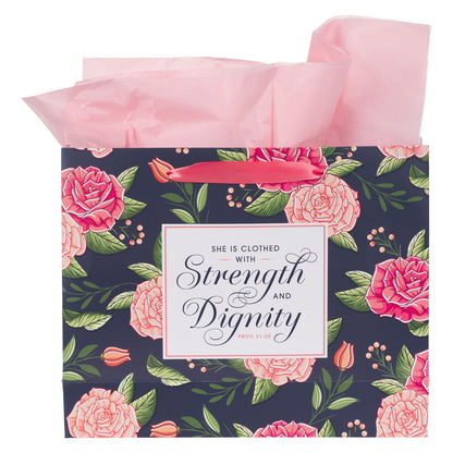 Strength and Dignity Pink Rose Large Landscape Gift Bag with Card Set - Proverbs 31:25