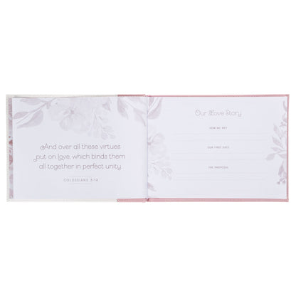 Pink Floral Mr. & Mrs. Medium Faux Leather Wedding Guest Book - 1 John 4:19