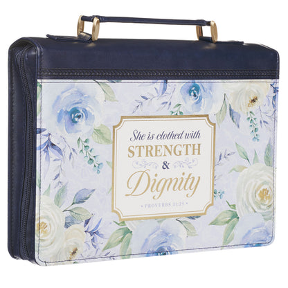 Strength and Dignity Indigo Rose Faux Leather Fashion Bible Cover - Proverbs 31:25