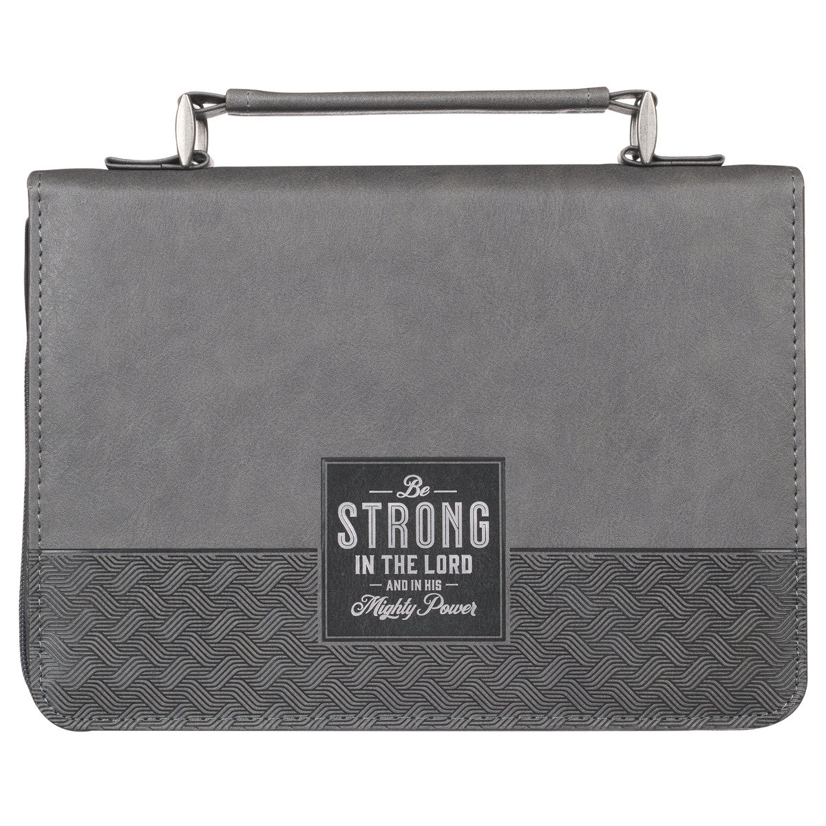 Be Strong in the Lord Grey and Black Faux Leather Classic Bible Cover - Ephesians 6:10 - The Christian Gift Company