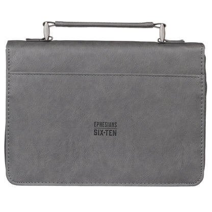 Be Strong in the Lord Grey and Black Faux Leather Classic Bible Cover - Ephesians 6:10 - The Christian Gift Company