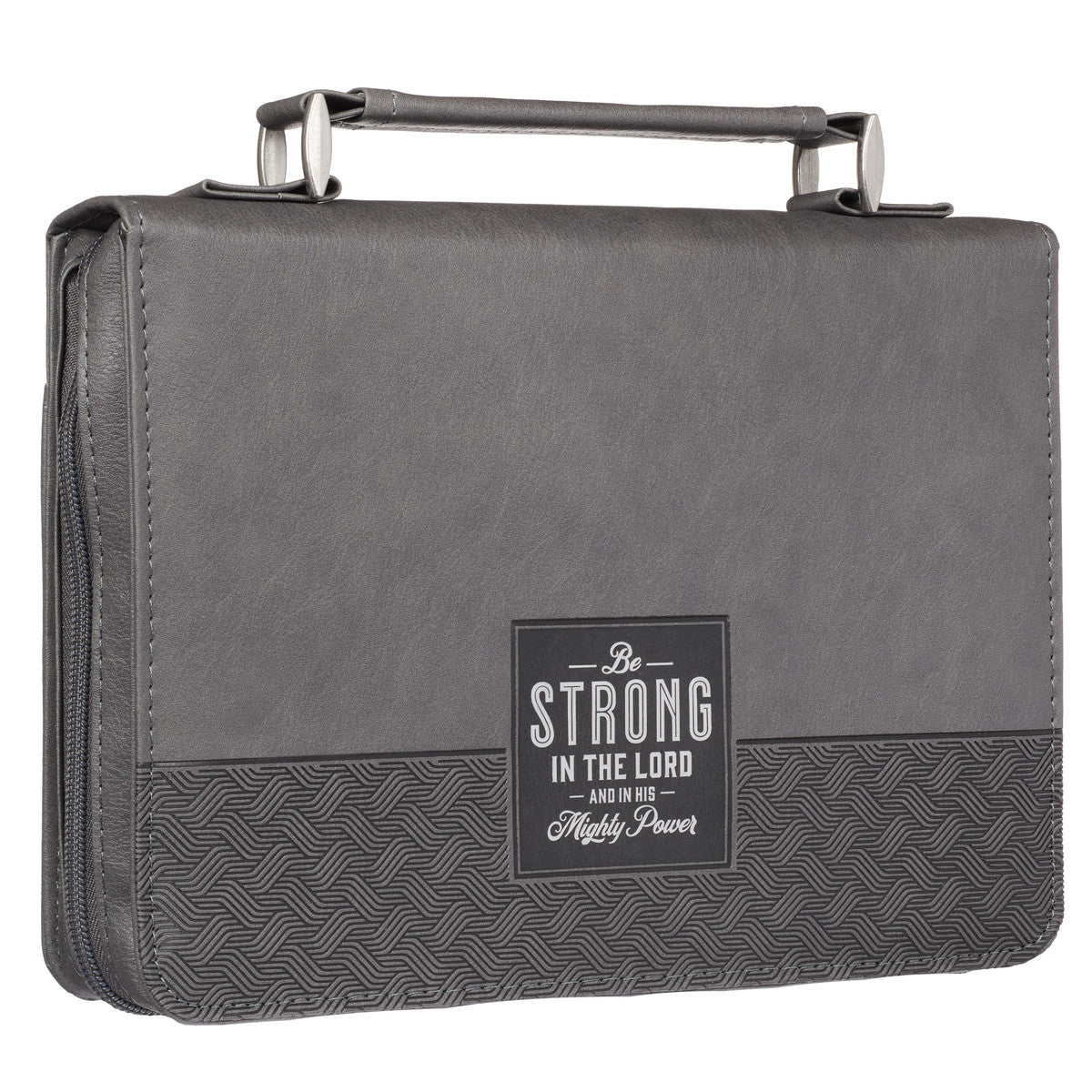 Be Strong in the Lord Grey and Black Faux Leather Classic Bible Cover - Ephesians 6:10 - The Christian Gift Company