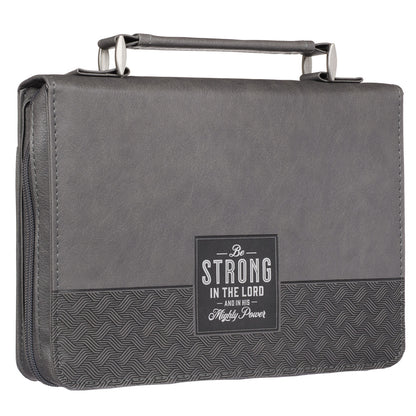 Be Strong in the Lord Grey and Black Faux Leather Classic Bible Cover - Ephesians 6:10 - The Christian Gift Company