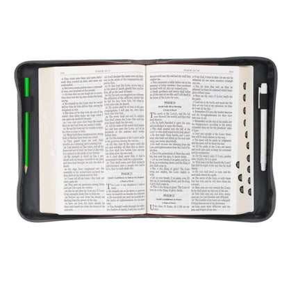 Be Strong in the Lord Grey and Black Faux Leather Classic Bible Cover - Ephesians 6:10 - The Christian Gift Company