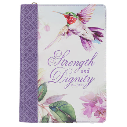 Strength & Dignity Hummingbird Purple Faux Leather Classic Journal with Zipper Closure - Proverbs 31:25