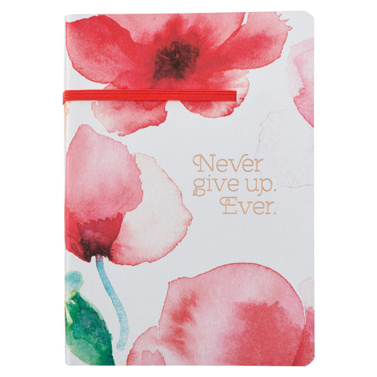 Never Give Up Coral Poppies Flexcover Journal with Elastic Closure - The Christian Gift Company