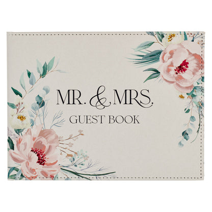 Mr. & Mrs. Peachy-pink Floral Faux Leather Medium Wedding Guest Book - 1 John 4:19