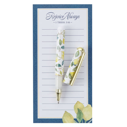 Rejoice Always Lemon Magnetic Notepad with Pen Set - 1 Thessalonians 5:16