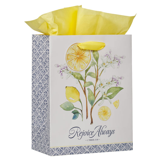 Rejoice Always White Lemon Medium Gift Bag - 1 Thessalonians 5:16 - The Christian Gift Company