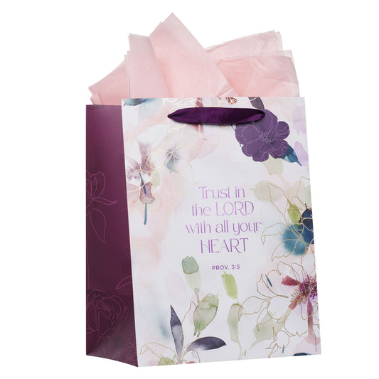 Trust in the Lord Purple Bloom Large Portrait Gift Bag - Proverbs 3:5 - The Christian Gift Company