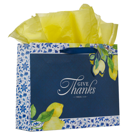 Give Thanks Blue and Yellow Lemon Large Landscape Gift Bag - 1 Thessalonians 5:18 - The Christian Gift Company