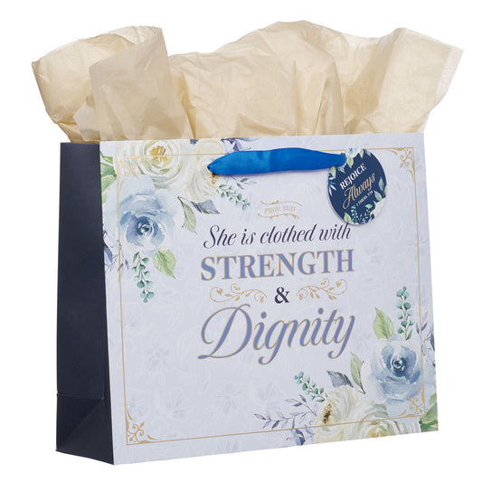 Strength and Dignity Blue Roses Large Landscape Gift Bag - Proverbs 31:25 - The Christian Gift Company