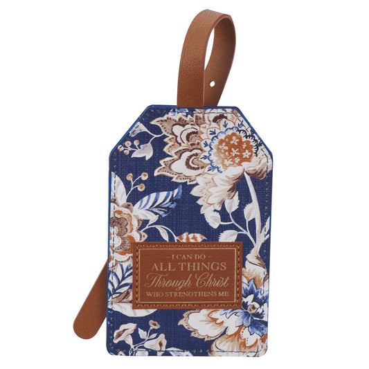 I Can Do All Things Honey-brown and Navy Floral Faux Leather Luggage Tag - Philippians 4:13 - The Christian Gift Company