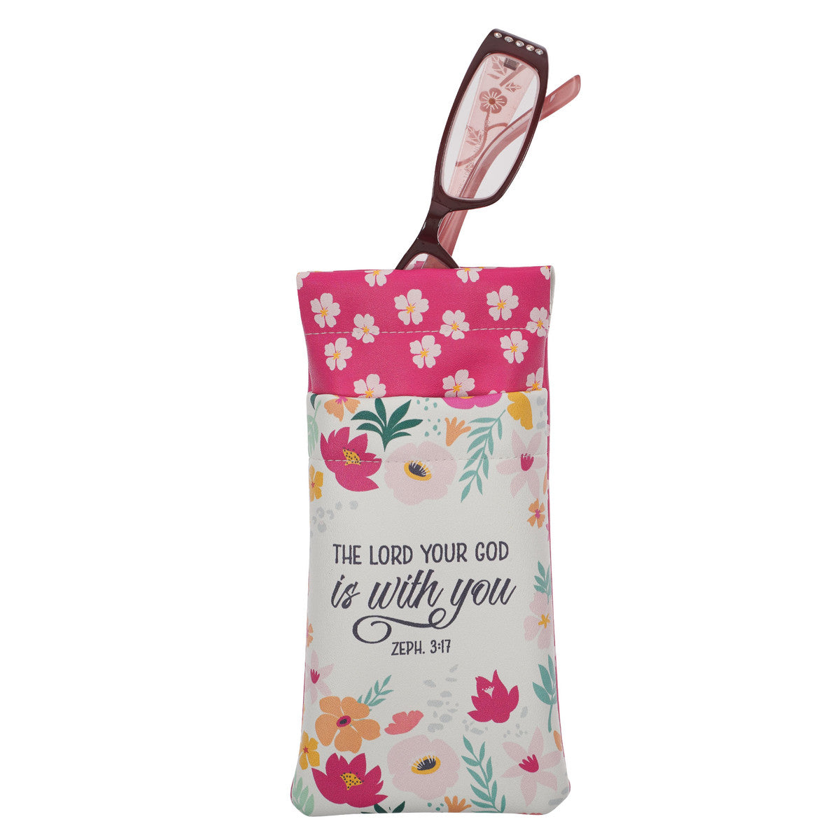 Lord is With You Pink Floral Faux Leather Double Glasses Case - Zephaniah 3:17