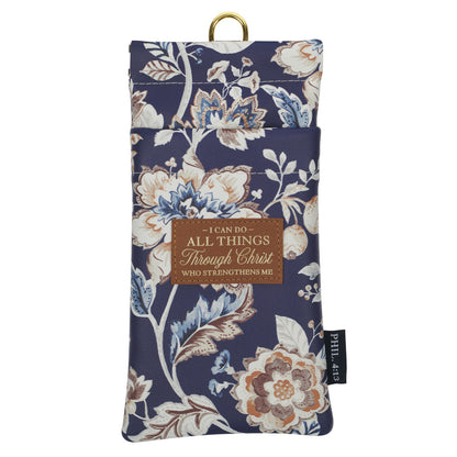 I Can Do All Things Honey-Brown and Navy Floral Faux Leather Double Glasses Case - Philippians 4:13