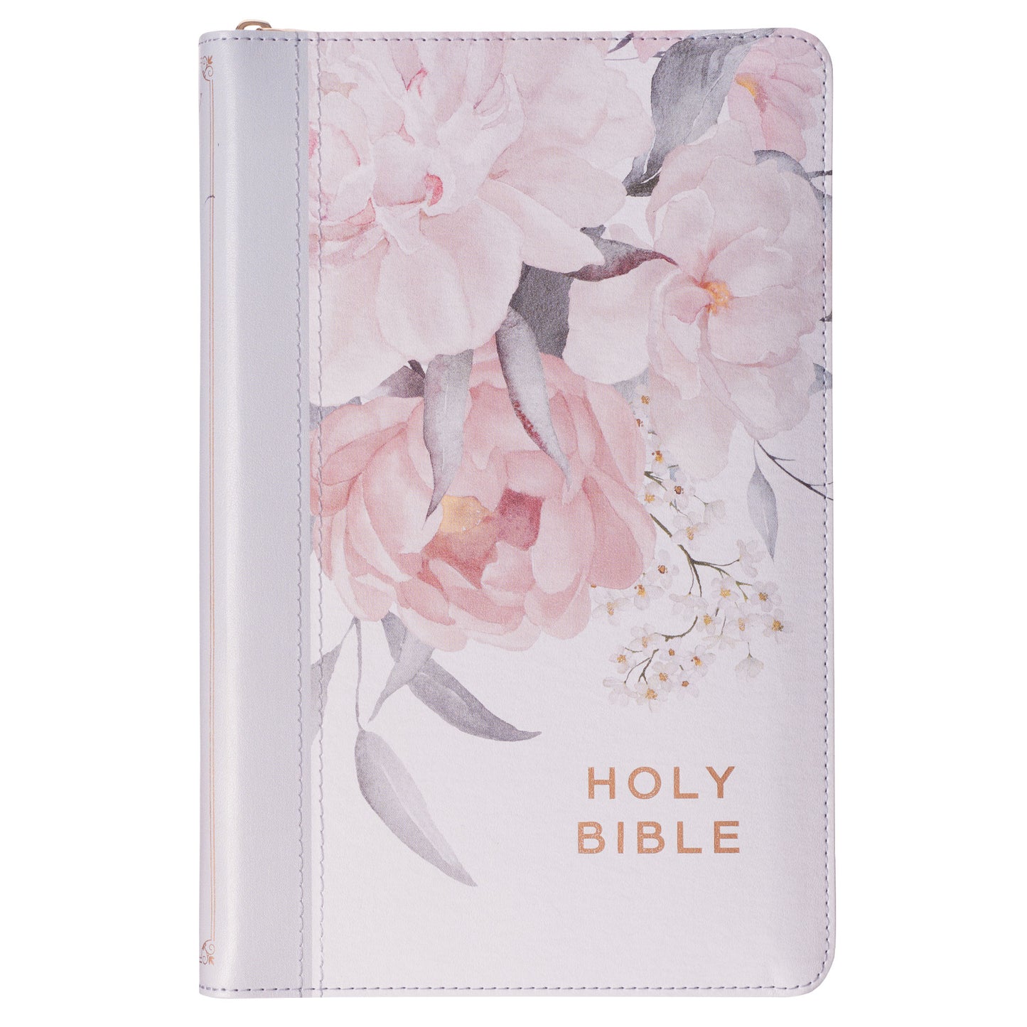 Frosty Grey and Pink Floral Faux Leather King James Version Deluxe Gift Bible with Thumb Index and Zipper Closure