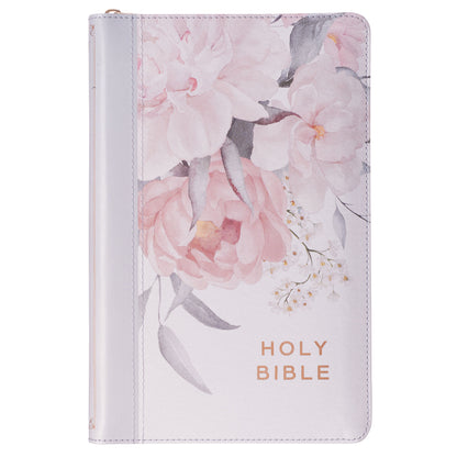 Frosty Grey and Pink Floral Faux Leather King James Version Deluxe Gift Bible with Thumb Index and Zipper Closure