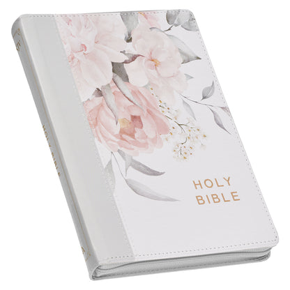 Frosty Grey and Pink Floral Faux Leather King James Version Deluxe Gift Bible with Thumb Index and Zipper Closure