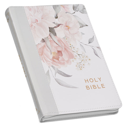 Frosty Grey and Pink Floral Faux Leather King James Version Deluxe Gift Bible with Thumb Index and Zipper Closure