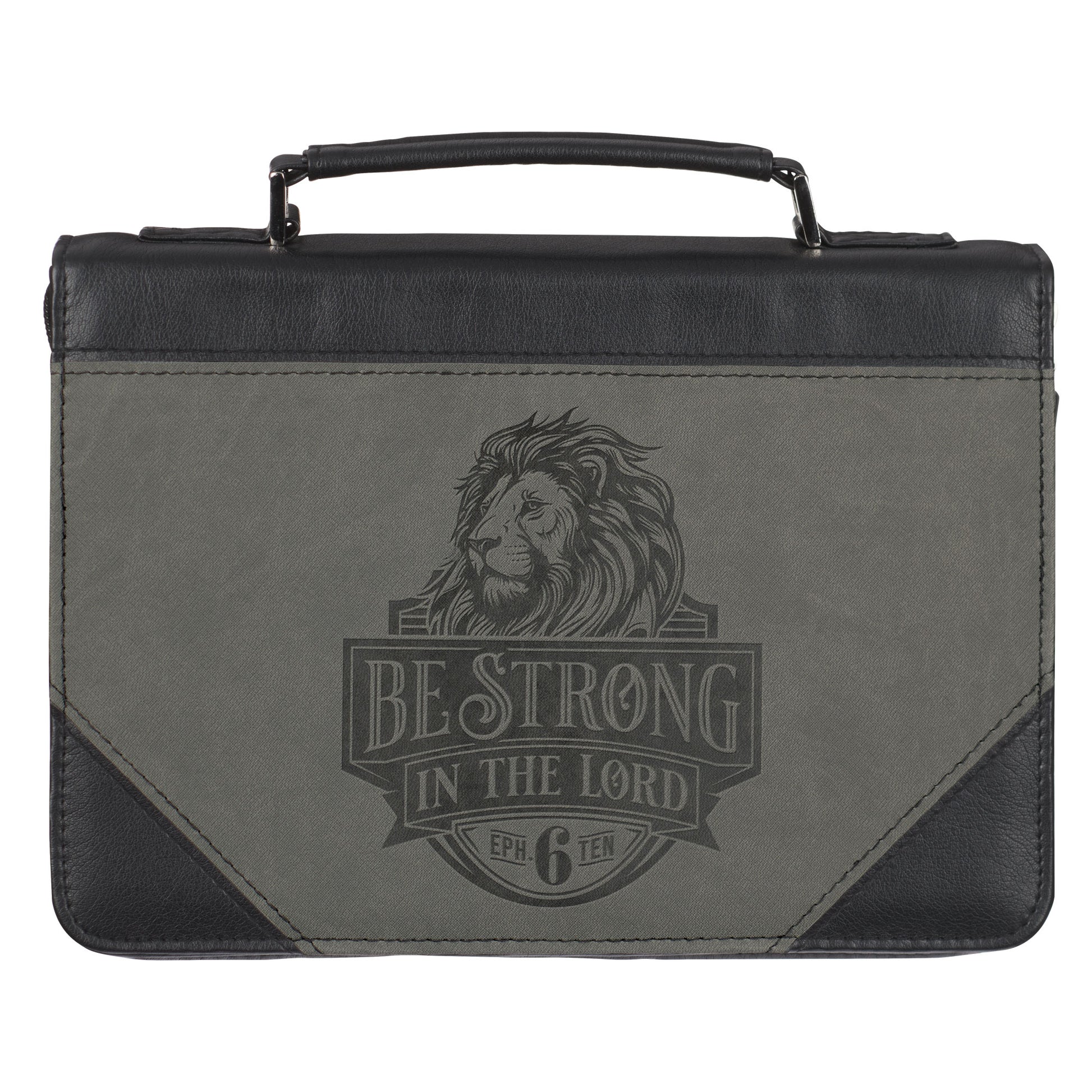 Be Strong in the Lord Black and Grey Lion Faux Leather Classic Bible Cover - Ephesians 6:10 - The Christian Gift Company