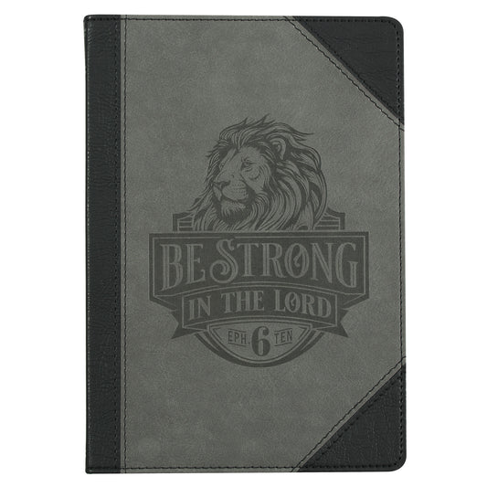 Be Strong in the Lord Black and Grey Lion Faux Leather Journal - Ephesians 6:10