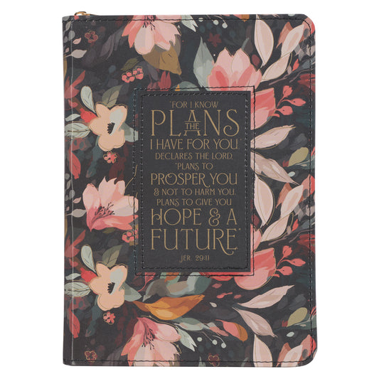 Hope and a Future Midnight Botanical Faux Leather Journal with Zipper Closure - Jeremiah 29:1