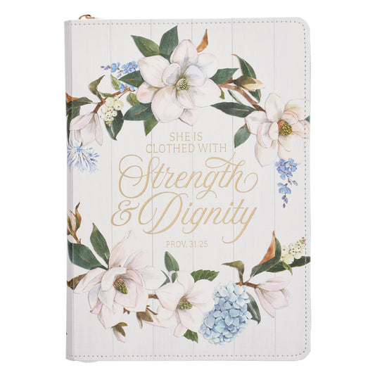 Strength and Dignity Blush Magnolia Faux Leather Journal - Proverbs 31:25