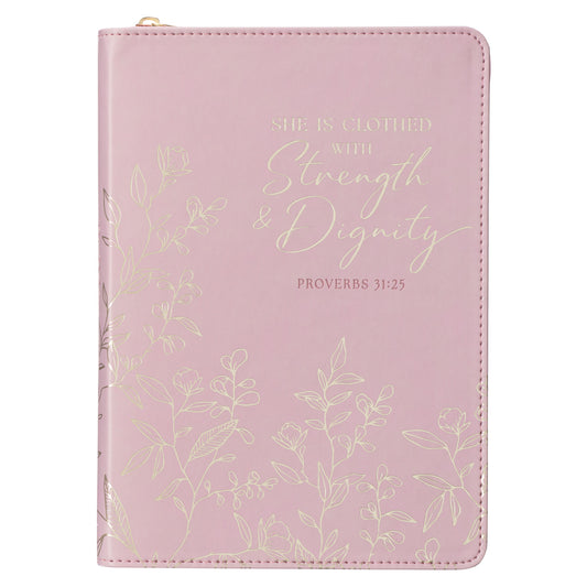 Strength and Dignity Pink Faux Leather Journal with Zippered Closure - Proverbs 31:25