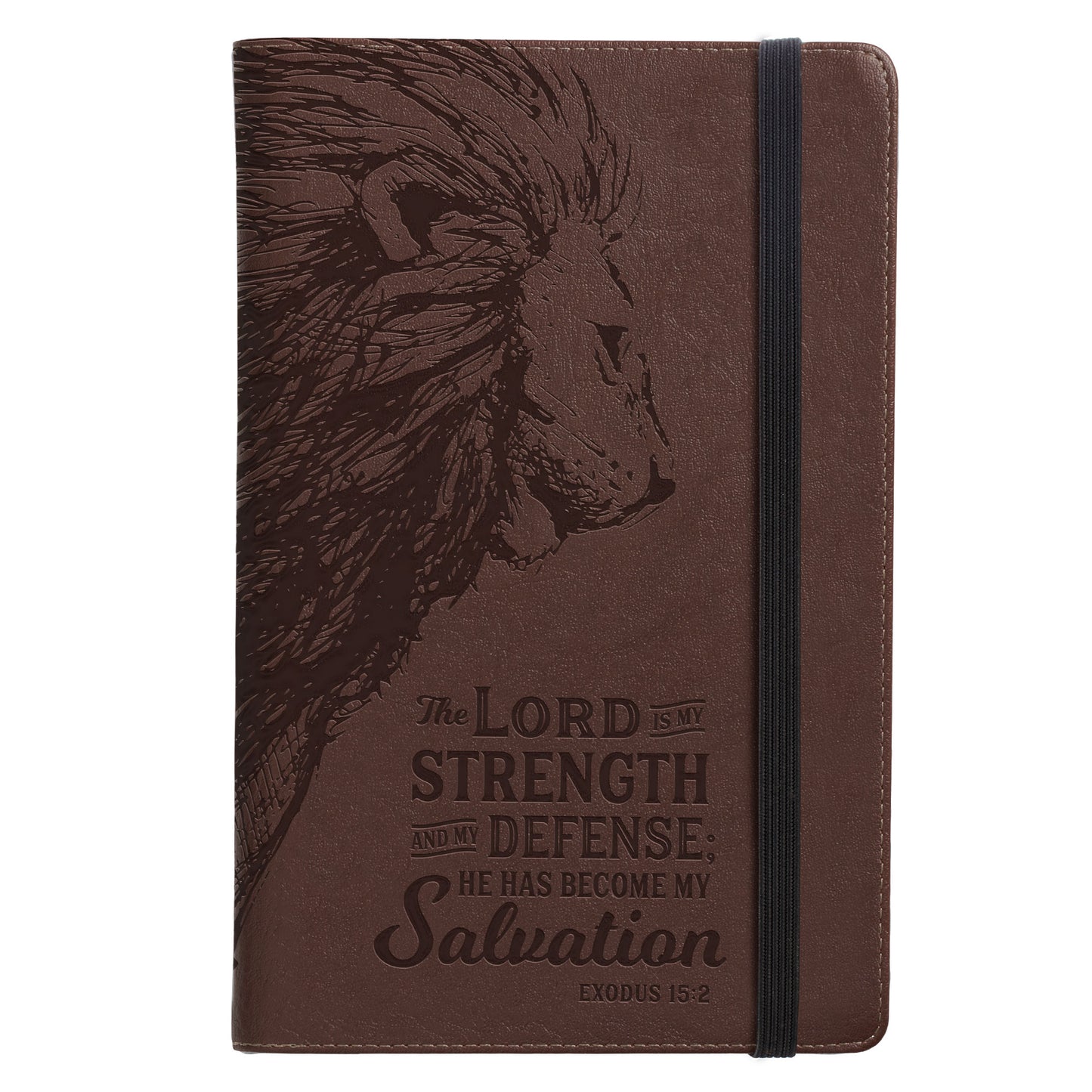 Strength and Defense Lion Walnut-Brown Faux Leather Hardcover Notebook with Elastic Band Closure - Exodus 15:2