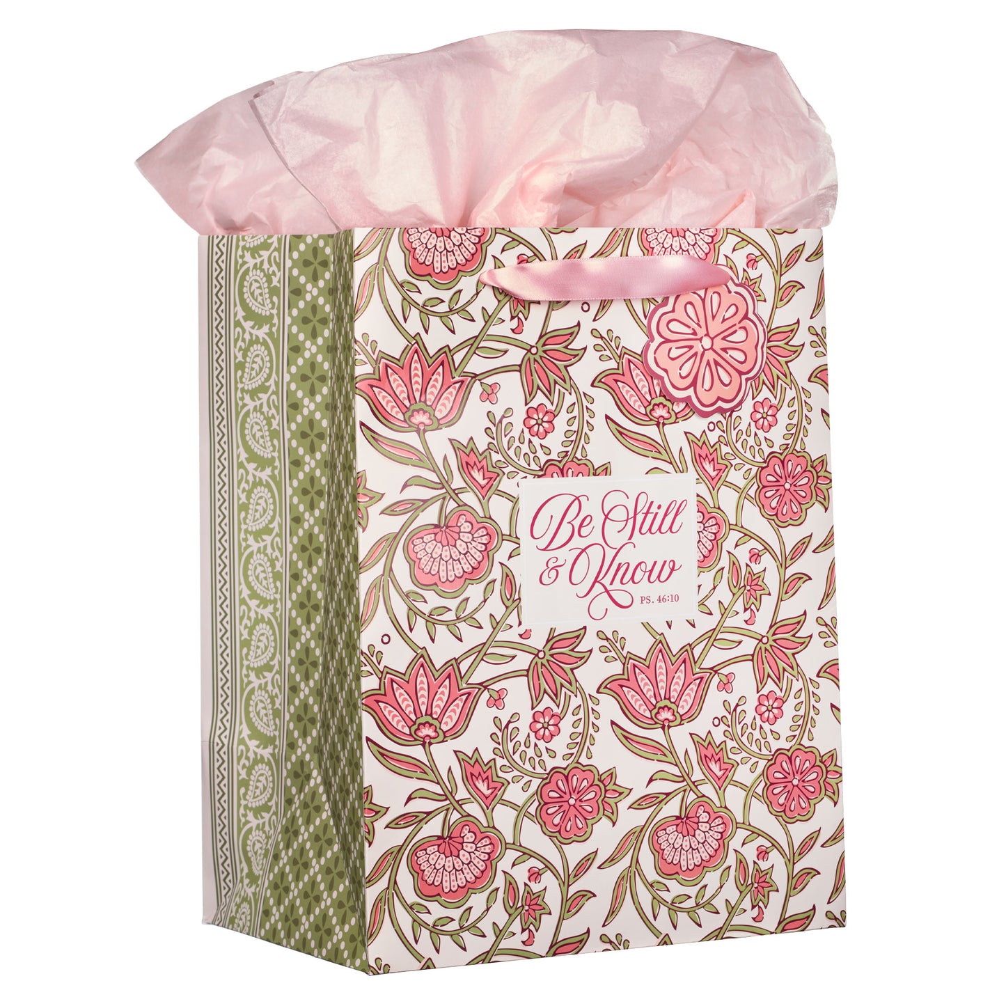 Be Still Pink Spring Floral Large Portrait Gift Bag - Psalm 46:10