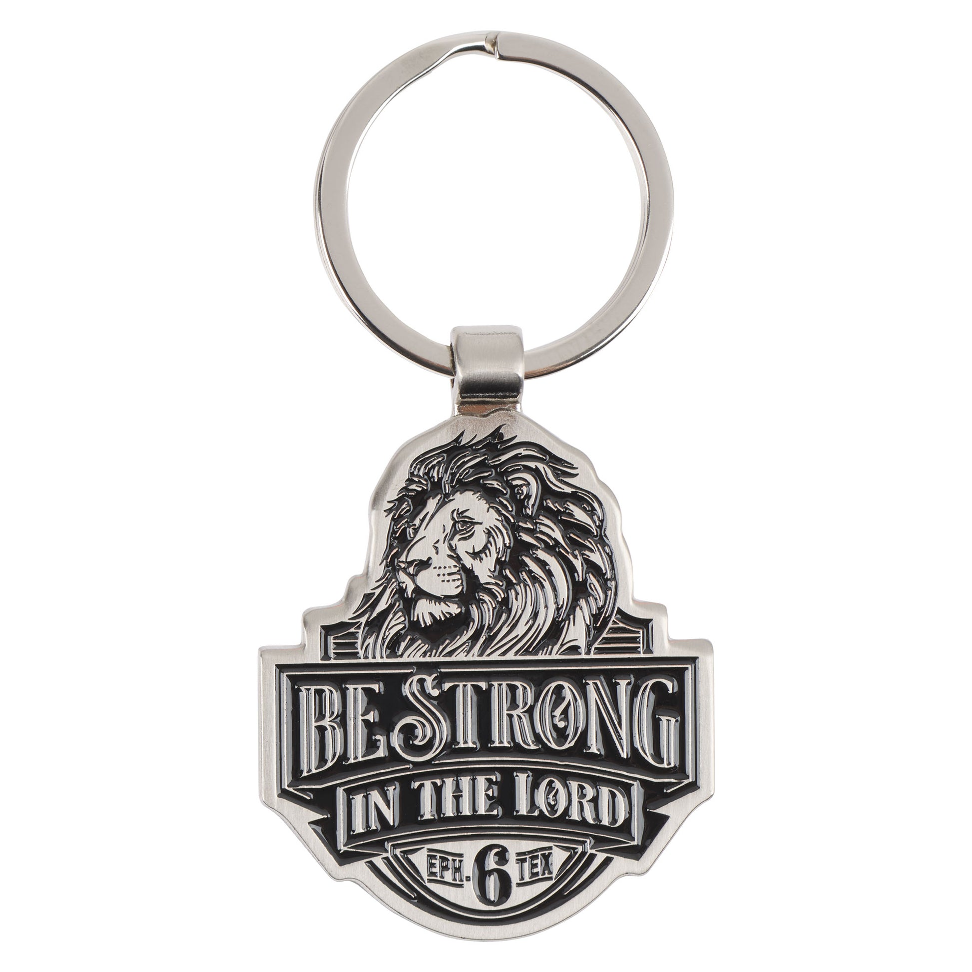 Be Strong in the Lord Lion Silver Metal Keyring - Ephesians 6:10 - The Christian Gift Company