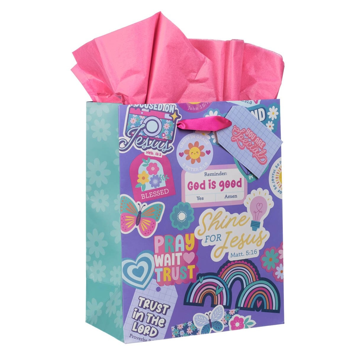 Shine for Jesus Purple Sticker Medium Gift Bag - Matthew 5:16 - The Christian Gift Company