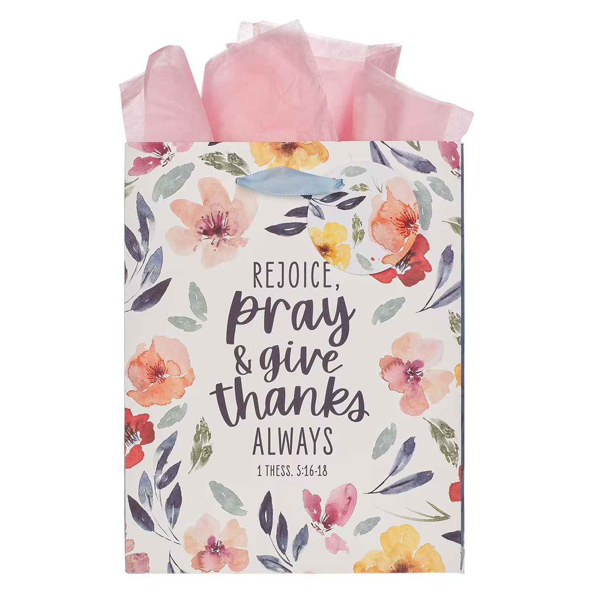 Rejoice Bright Floral Medium Gift Bag - 1 Thessalonians 5:16-18 - The Christian Gift Company