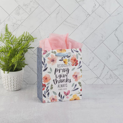 Rejoice Bright Floral Medium Gift Bag - 1 Thessalonians 5:16-18 - The Christian Gift Company