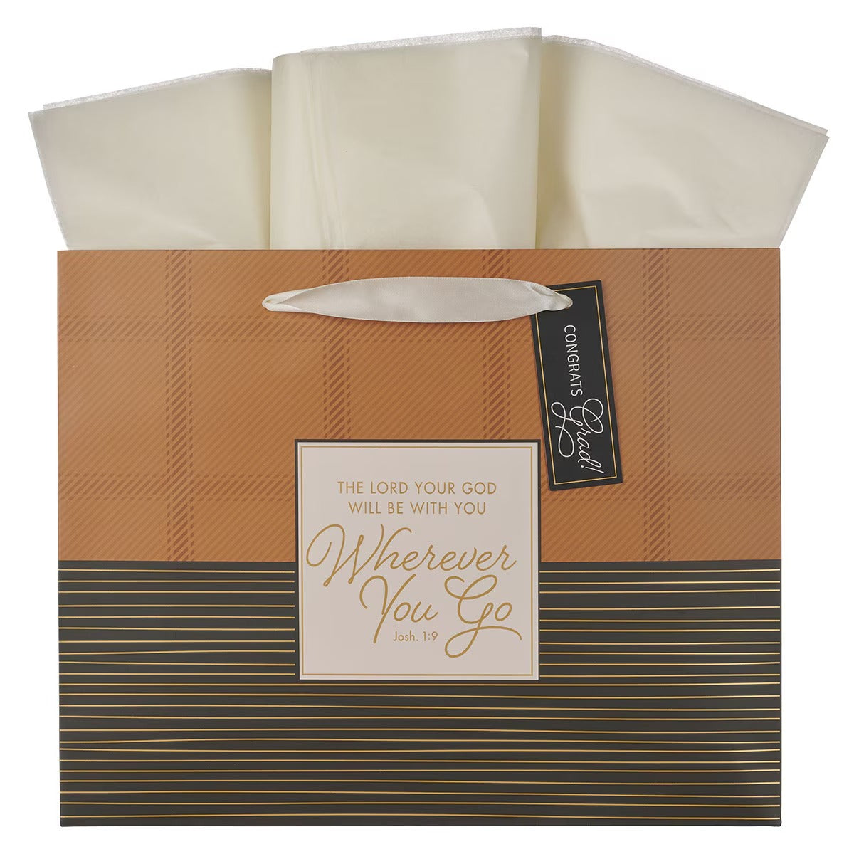 Wherever You Go Brown Striped Plaid Large Landscape Graduation Gift Bag - Joshua 1:9